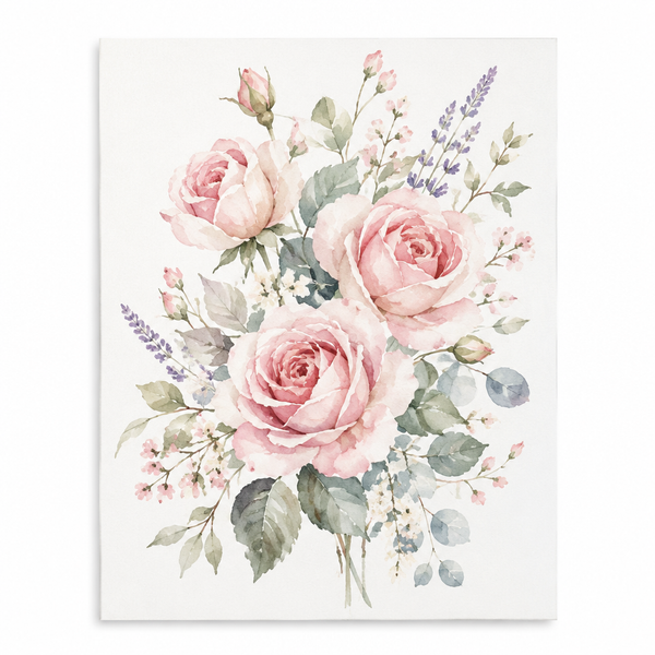 Floral watercolor print with soft pink roses and botanical elements