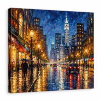 Urban cityscape painting at night with glowing lights reflecting on wet streets